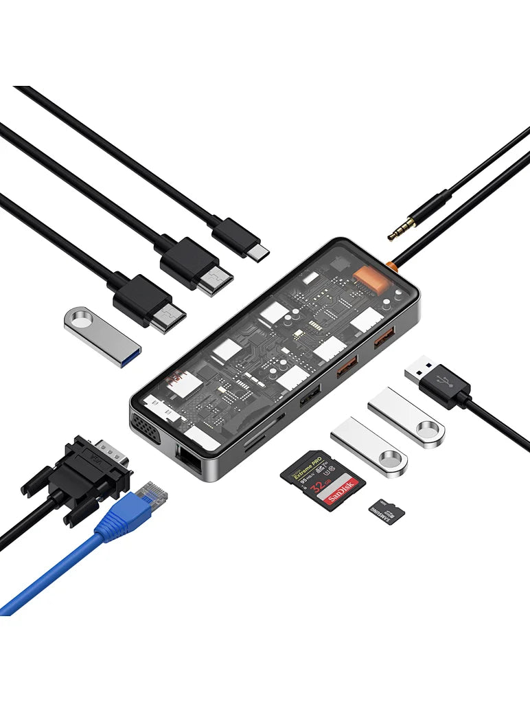 Wiwu Cyber Hub 12-in-1, a multi-port USB-C adapter with various cables and storage devices connected. Wiwu Cyber Hub 12-in-1, a multi-port USB-C adapter with various cables and storage devices connected.